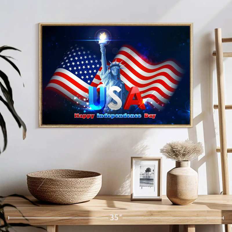 Statue de la liberté, drapeau des États-Unis, 25 po x 17 po, Cadre flottant en bois naturel