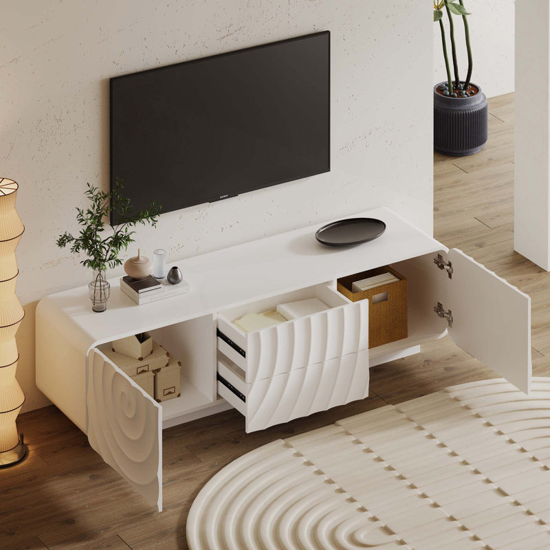 Élégante console de télévision avec un design en spirale ondulée et beaucoup de rangement pour les espaces de vie, Blanc