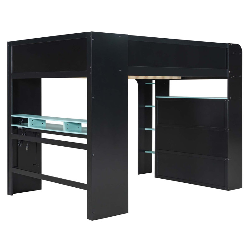 Lit superposé double en bois avec bureau à hauteur réglable, garde-robe, grand espace de rangement et lumière RVB, Bleu
