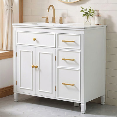 36 In Bathroom Vanity With Smooth Ceramic Sink Top, Three Soft-Closing Drawers, Metal Handles, Solid Wood Legs, Tip‑Out Drawer, Adjustable Shelf