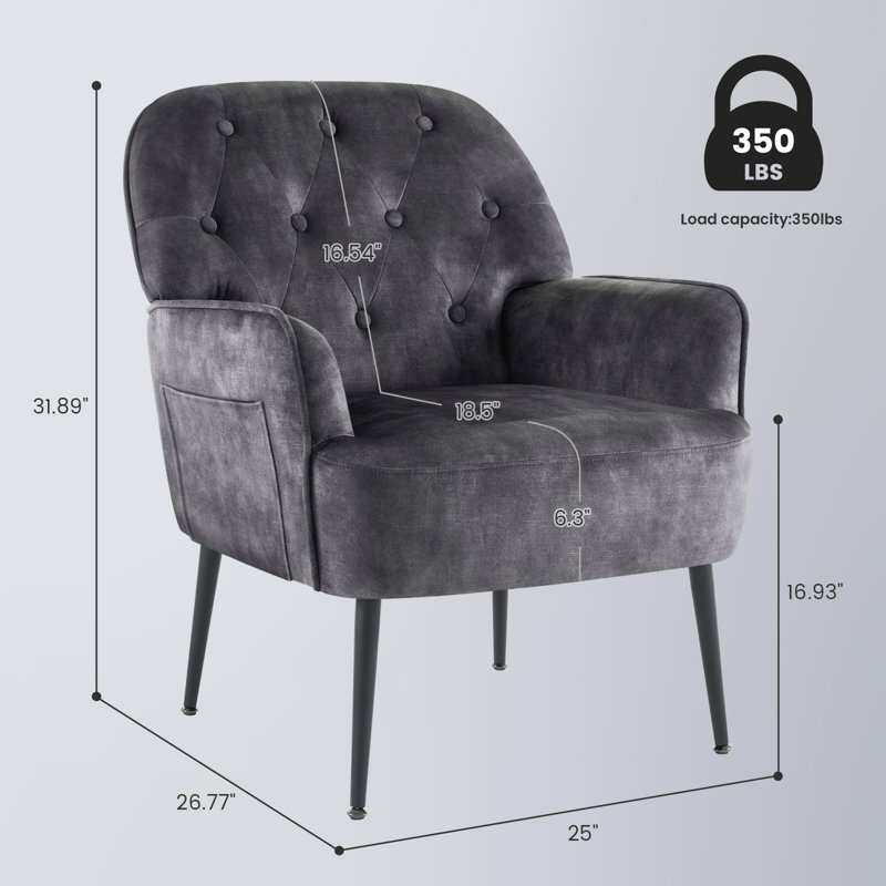 Momence Button Velent Armchair with Arm, Black Velvet