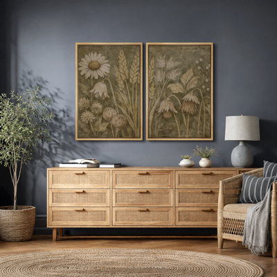 Vintage Wildflower and Wheat Botanical Composition - Pictures Framed Canvas Print Wall Art