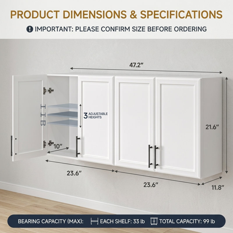 Armoire murale flottante blanche de 48 po de largeur, armoire de rangement murale en bois pour la salle de lavage et la cuisine