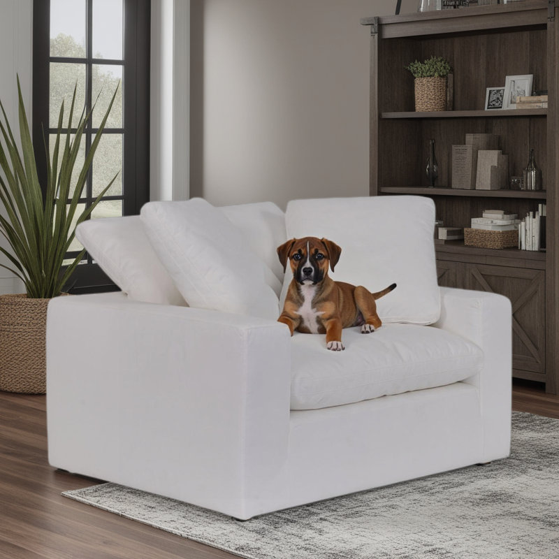 Chaise rembourrée et demi de 51,5 po de largeur avec coussins en mélange de polyester et bois Kaniylah, Blanc