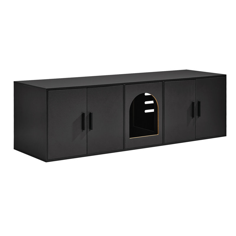 Enceinte de litière pour chat pour deux chats, armoire à litière cachée de 57,9 pouces, salle de bain pour chat en bois à deux compartiments, meuble télé d'intérieur ou table d'appoint, compatible avec la plupart des bacs à litière, noir
