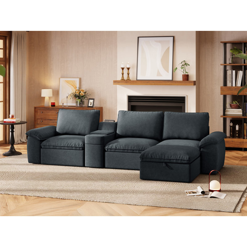 Canapé modulaire 3 places avec repose-pieds et table de bout, Mélange de polyester gris