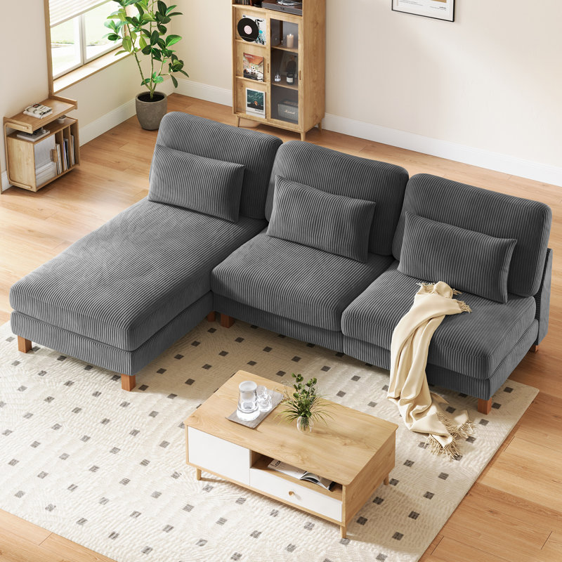 4 Seater Corduroy Sofa & Chaise, Grey