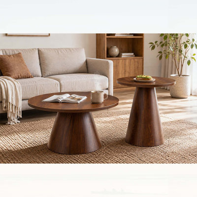 Ensemble de 2 tables basses rondes gigognes en bois de noyer moderne avec plateau résistant à l'eau et base en acier à transfert de chaleur, patins réglables pour les petits espaces