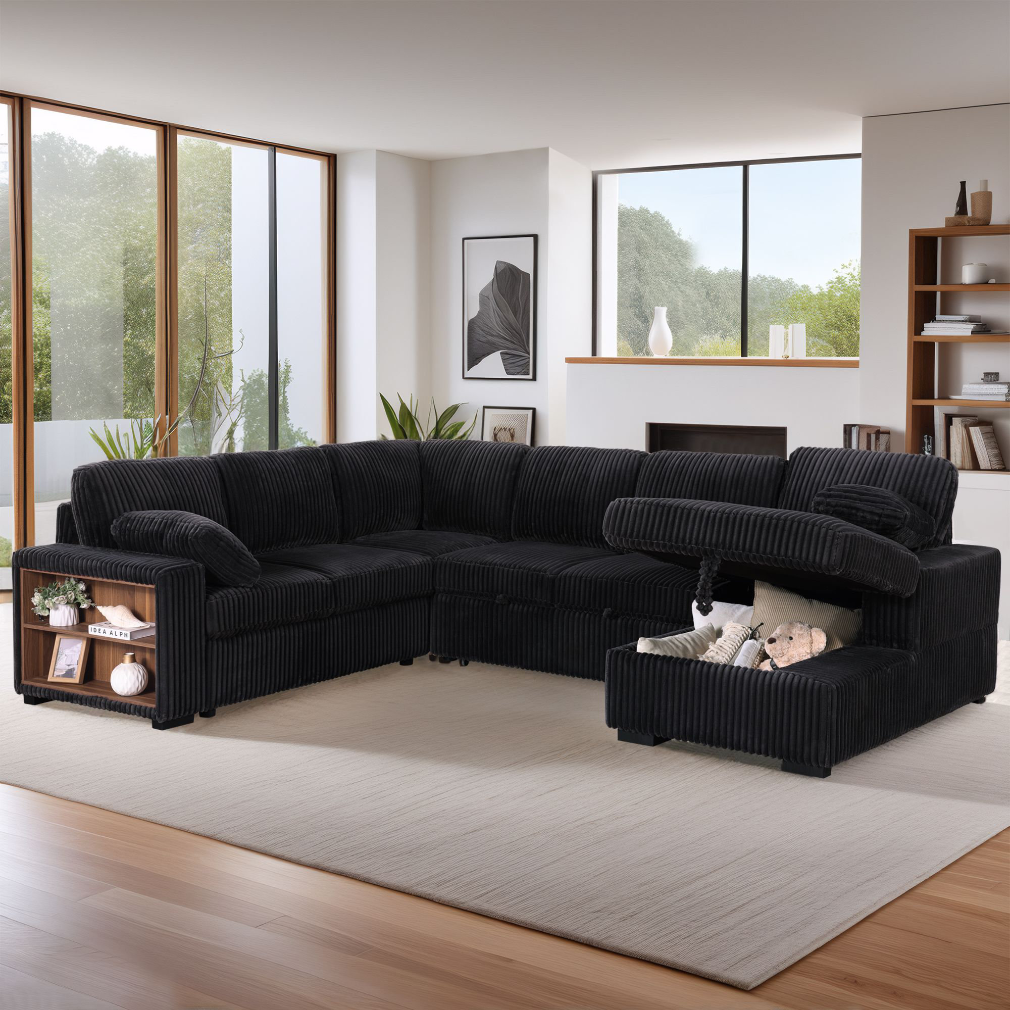 U-shaped Corduroy Sectional Sofa Bed Pull Out Sleeper with Large Storage Chaise and Armrest Storage