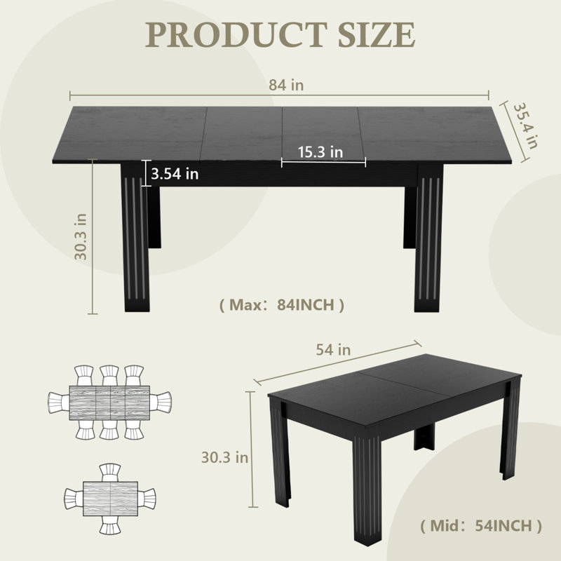 Table de salle à manger extensible 54-84 "pour 4 à 8 personnes, table de cuisine en bois, avec chemin de table - noir, Noir