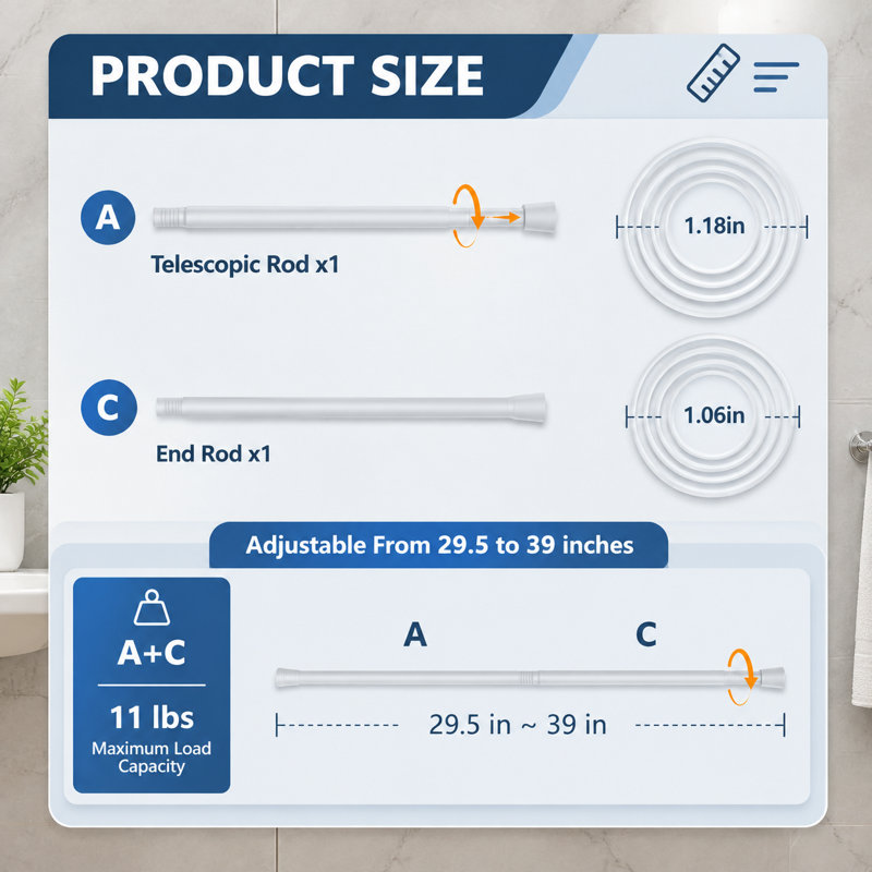 Ensemble de 2 barres de tension blanches pour douche, réglables de 29,5 à 39 pouces avec un profil de 7/8 po; la conception sans perçage convient également aux fenêtres et aux portes.