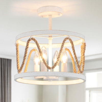 Chesmore 4 - Light 12.6"W Dimmable Hemp Rope Drum Semi Flush Mount Bohemian Ceiling Light Fixture for Dining Room, Living Room and Coastal Themed Dining Areas