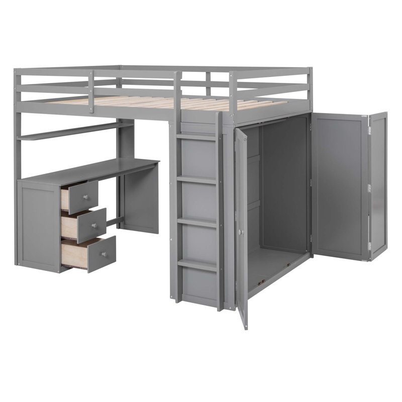Lit mezzanine avec tiroirs, bureau et garde-robe, Gris, Double
