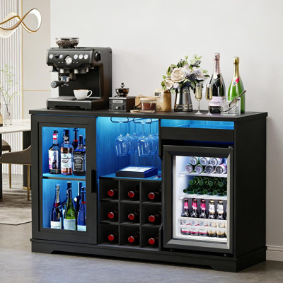 Wine Bar Cabinet With Fridge, Liquor Coffee Cabinet With Led Lights & Glass Holder, Mini Fridge Cabinet With Storage, Human Body Sensor, Sideboard Buf by Wrought Studio