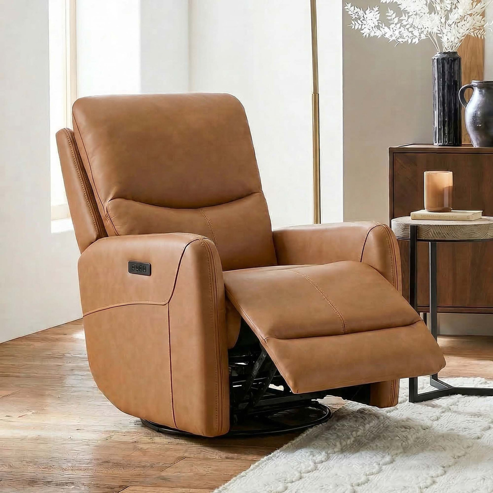 Genuine Leather Swivel Power Recliner, Aline Butternut