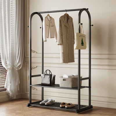 Black Clothing Rack for Hanging Clothes,Sturdy metal clothes rack,Modern Garment Rack with Bottom Storage Shelves and 6 Side Hooks,Freestanding Wardrobe Rack for Bedroom or Closet 