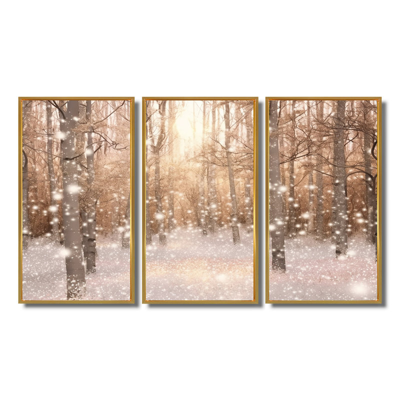 Sparkling Snow Sunshine - Ensemble de décoration murale arbre séquoia, Cadre flottant doré, H 32 po x l 48 po x P 1 po