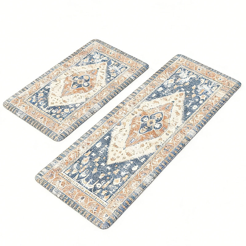 Ensemble de 2 tapis de cuisine rembourrés imperméables et antidérapants, Bleu, doré