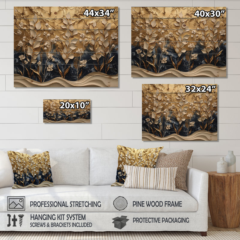 Or doré, herbes d'harmonie - Art floral sur bois en bois de pin naturel, H 10 po x l 20 po
