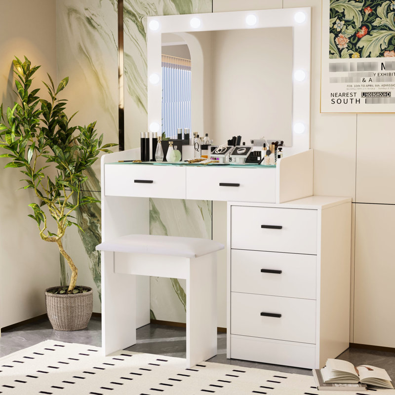 Coiffeuse blanche avec tiroirs multiples et miroir de rangement moderne et réglable