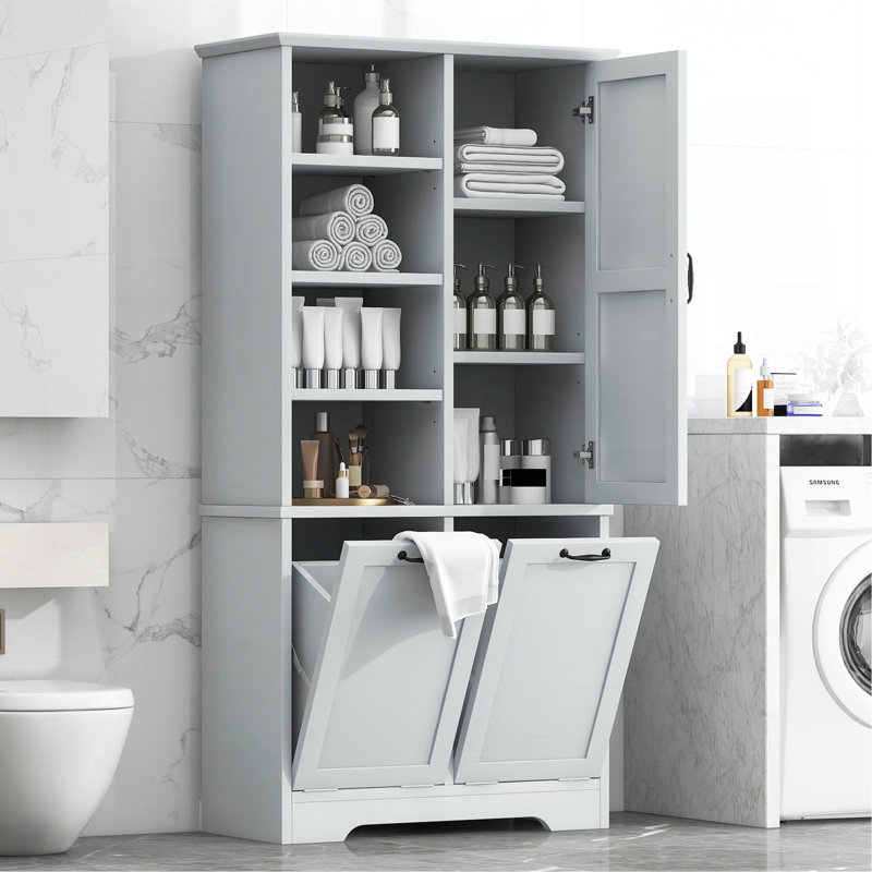 Armoire de rangement pour salle de bain avec portes et tiroirs, panier à linge inclinable, plusieurs espaces de rangement, style autoportant, tablette ouverte, tablette réglable, gris