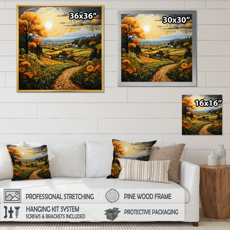 Farm Harvest Symphony Pointillism I - impression, Cadre simple argenté, H 30 po x l 30 po x P 1 po