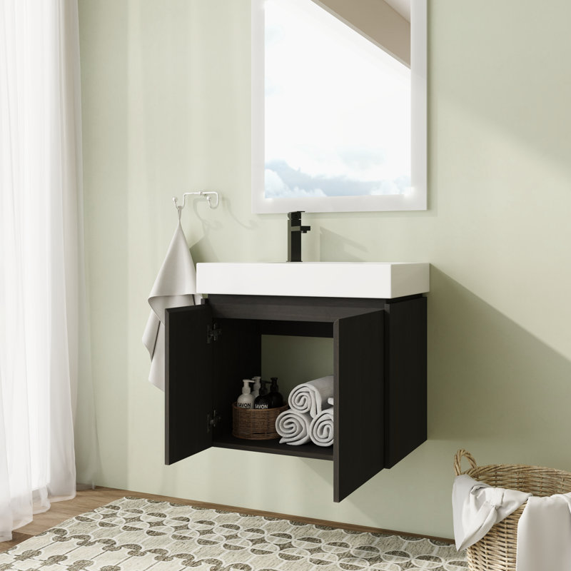 Deveon 24 " W Wall Mounted 1 Single Vanity Bathroom Vanity With Resin Top, Black