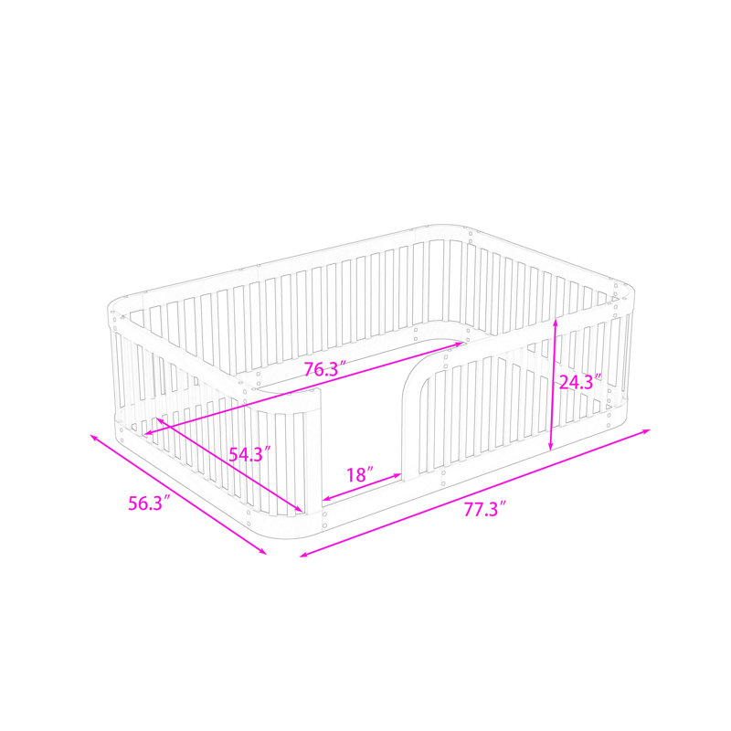 Wood Full Floor Bed Frame With Fence-Style Guardrails, Natural