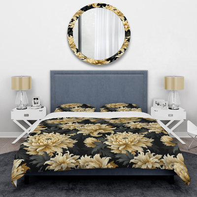 Ensemble de housse de couette damassé Glamour VI bleu foncé et doré