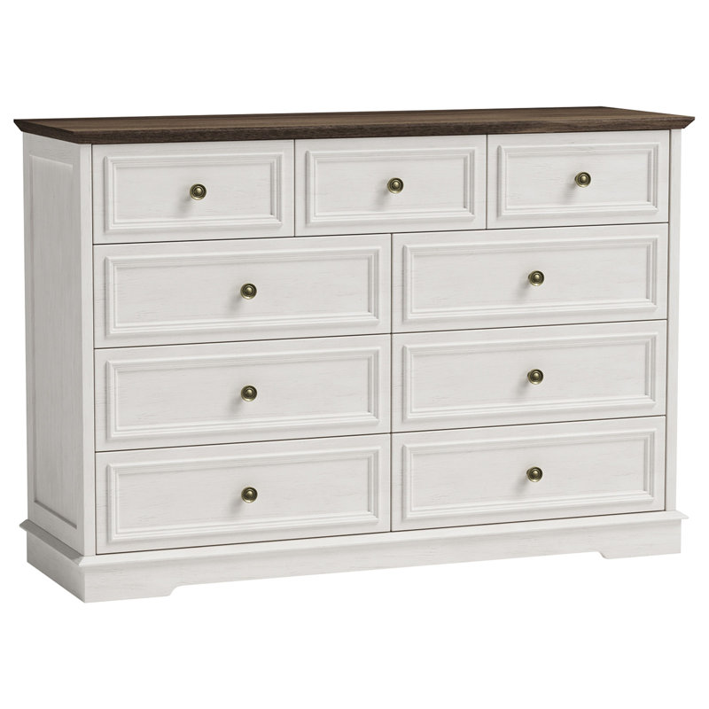 Commode à 9 tiroirs Valera, commode de rangement large rétro avec poignées en bronze antique, Blanc/noyer