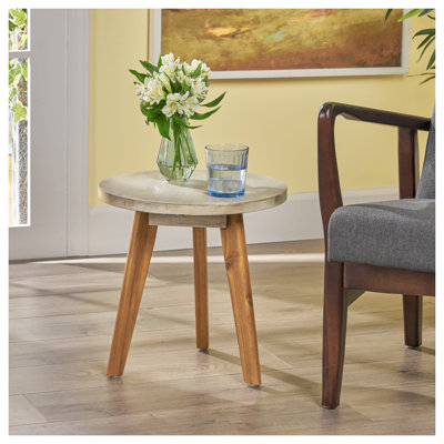 MARINA Mid-Century Modern Acacia Wood Round Side Table - Light Grey & Natural Finish End Table for Living Room