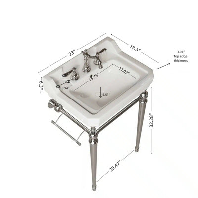 Lavabo de console de salle de bain 23 po, meuble-lavabo mural en céramique blanche avec 3 trous de robinet pré-percés, pieds de support autoportants en acier inoxydable avec barre à serviettes, sans robinet ni couvercle de lavabo