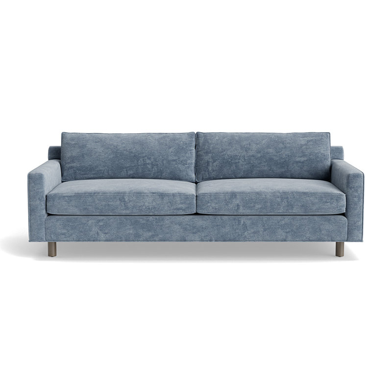 Canapé Hunter 100 avec fini en bois, H 32 po x l 100 po x P 39 po, Chenille rétro - bleu fumé, Bois flotté