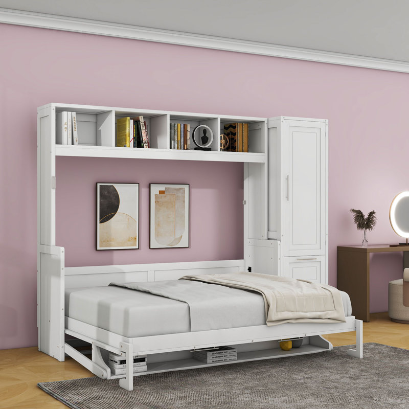Lit escamotable en bois avec tablettes, placard et tiroirs Ladontay, Grand, Blanc