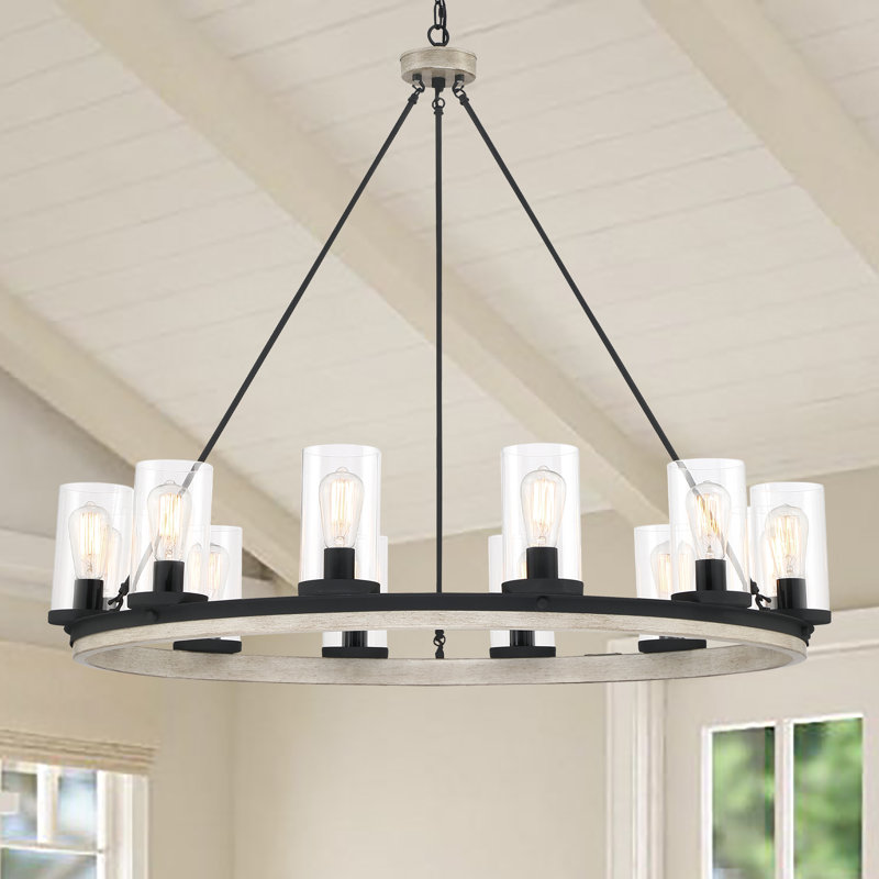 Philadelphia 12 - Light Dimmable Wagon Wheel Foyer Chandelier with Hand Blown Glass Accents, Weathered Oak