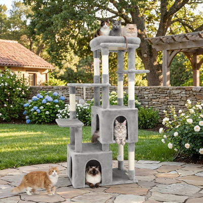 Tour à chat robuste pour chats d'intérieur, grand arbre à chat pour grands chats adultes, Maine Coon, poteau à griffer, perchoir supérieur très grand, condos pour chat, 61 po, gris clair