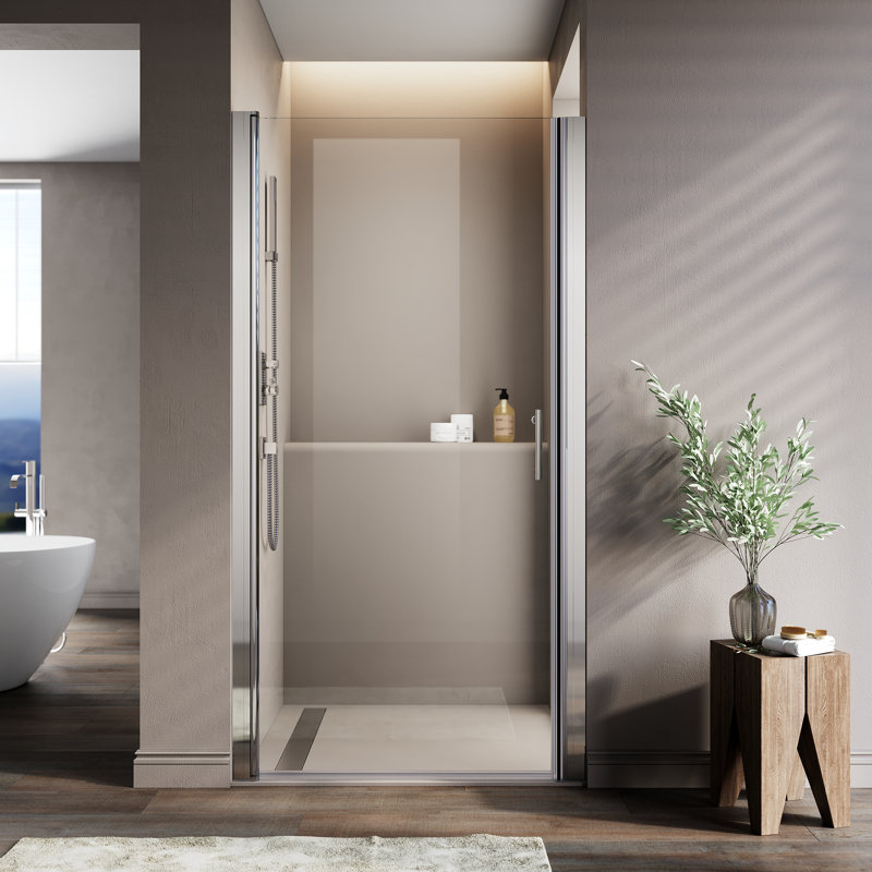 Porte de douche pivotante sans cadre avec verre trempé transparent de 24,5 à 26 po x H 72 po, Chrome