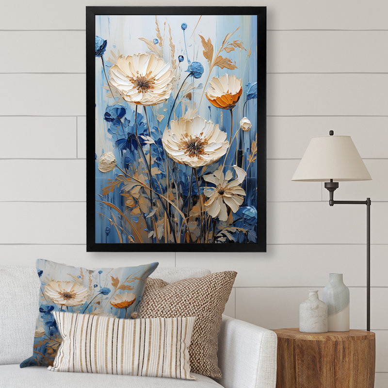 «White Calm Cornflowers Meadows II» - Art mural bleuets, Cadre flottant blanc, H 32 po x l 16 po x P 1 po