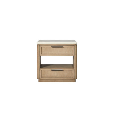 Table de chevet avec deux tiroirs à fermeture en douceur, placage en chêne, plateau en pierre beige lisse, tablette centrale ouverte pour l'électronique et la décoration, tiroir supérieur doublé de feutre, tablette inférieure, tablettes de charge, bois massif +, 17,33 po