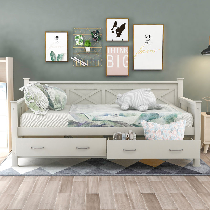 Lit de jour simple avec 2 grands tiroirs, lit de jour de style décontracté moderne et rustique, lit d'invité, Blanc, crème