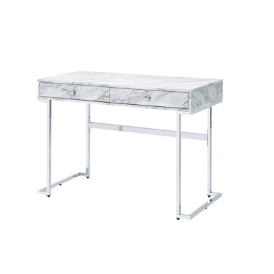 Modern White Faux Marble Desk With Drawer Mechanism And Storage Space Sophisticated Engineered Stone Writing Accents