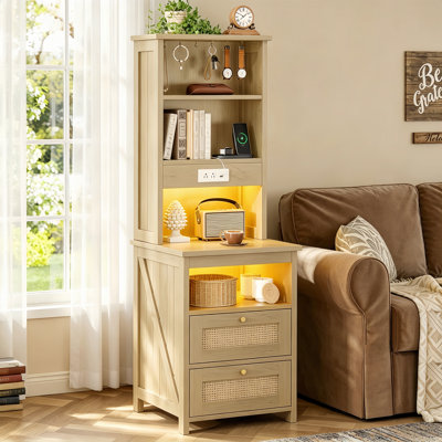 2 Drawers Nightstand with Bookshelves & Charger & LED Open Cubes 51.6 x 17.8''  (1 PC)
