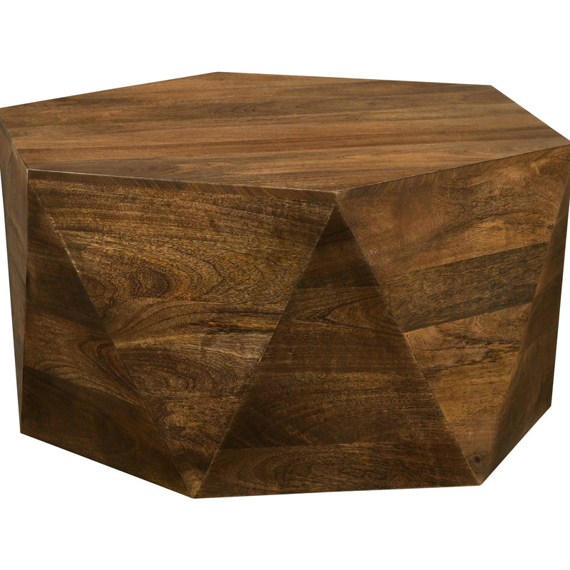 Table basse hexagonale naturelle 18 x 35 x 35 po fabriquée à la main, manguier massif, facettes triangulaires pour piédestal fait à la main en bois de manguier audacieux, style de vie tonique