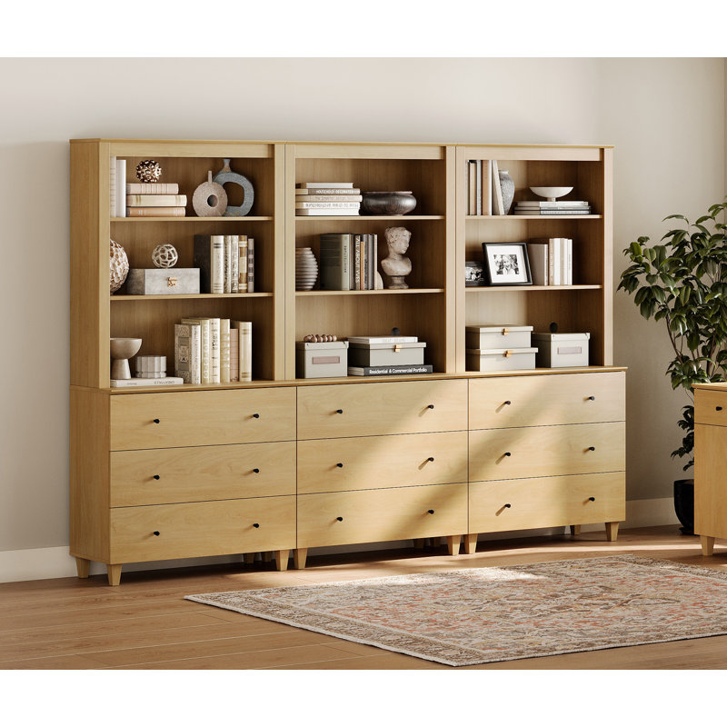 Lysiane 71 Inches Tall Bookcase With 9 Drawers, 3-Tier Bookshelf With Open Shelves For Home Office, Living Room, 106" Wide, 3 Column