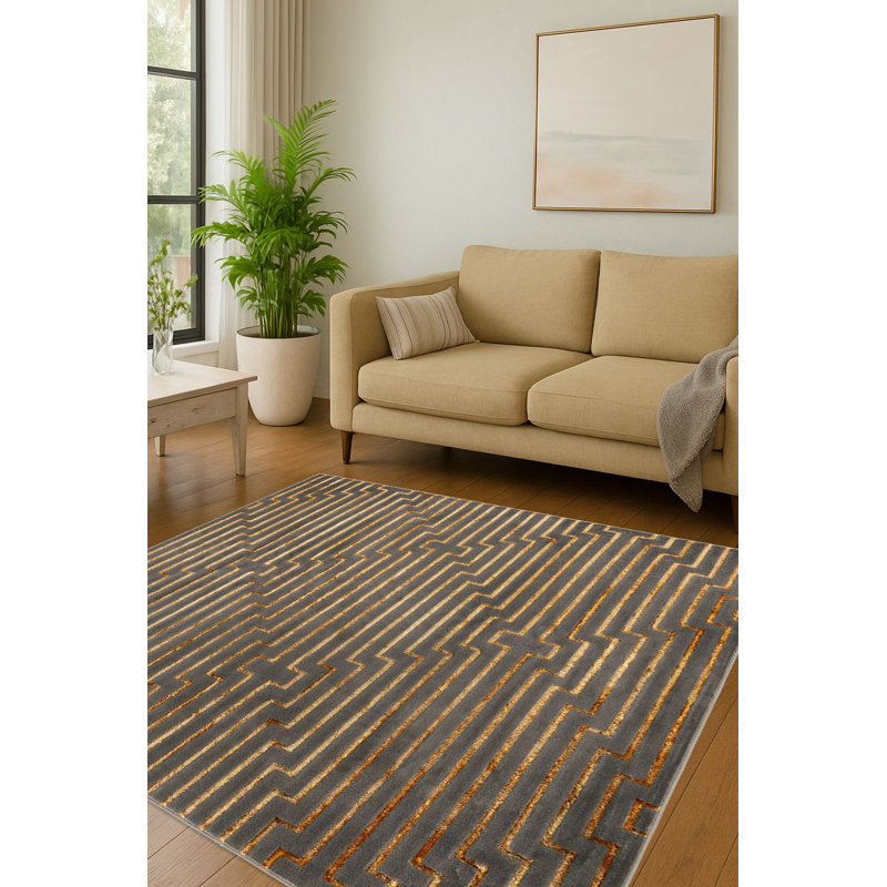 Contemporary Etowah Runner Rug Gray and Gold Color, Square 7'10"