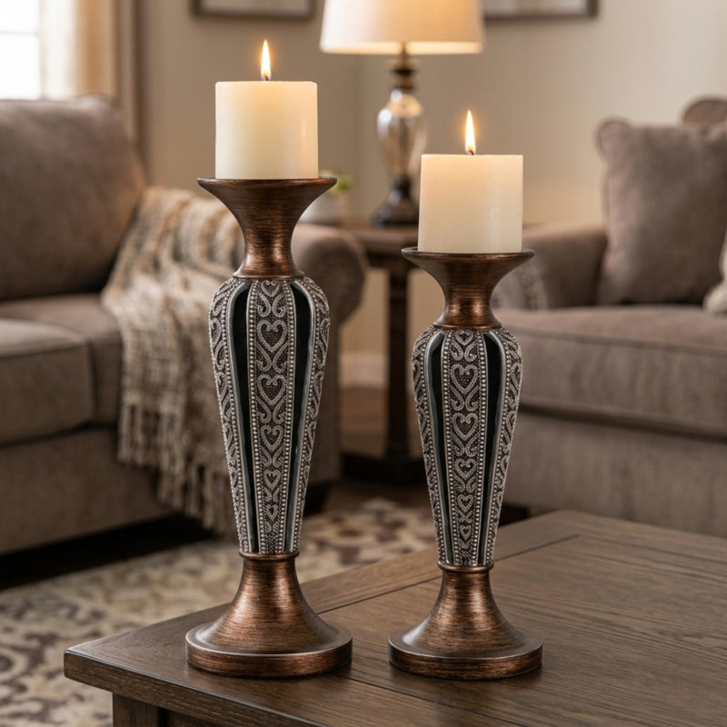 Porte-bougie 12 po et 14 po de hauteur «Everly», finition bronze et chrome (ensemble de 2)
