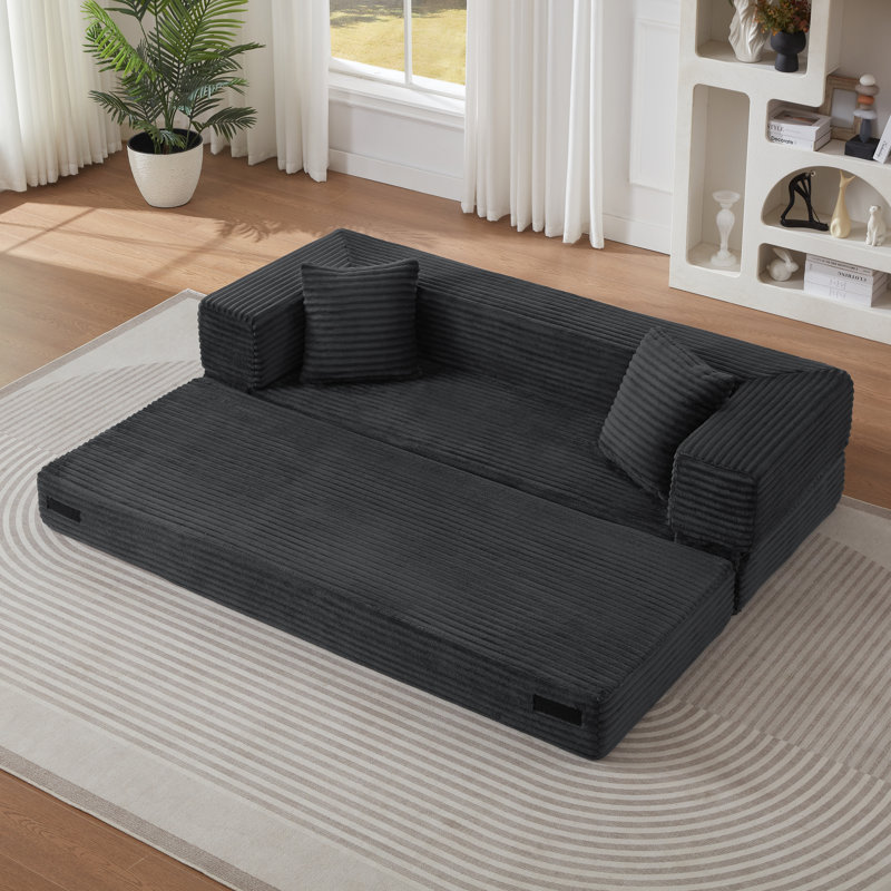 Boneless Modern Cord Sofa with Stylish Square Design, Unique Two-Tier Convertible Bed for Apartments and Large Spaces