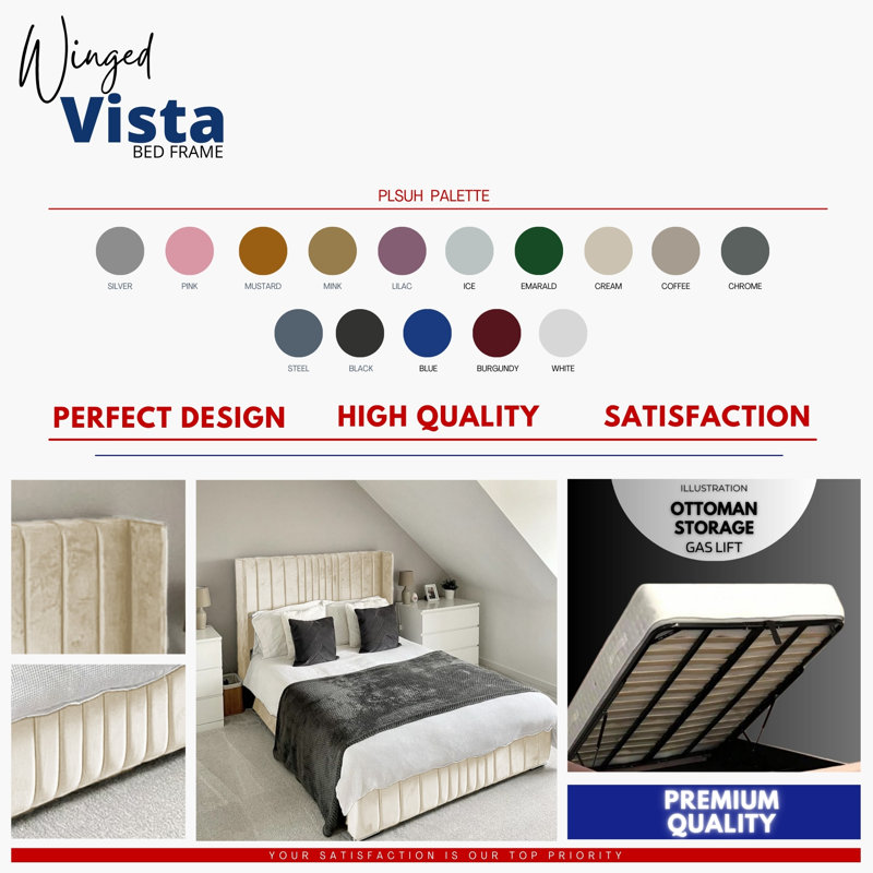 Vista Wingback Ottoman Storage Bed - Plush Velvet Gas Lift Bed Frame with Headboard, Single (3'), Cream