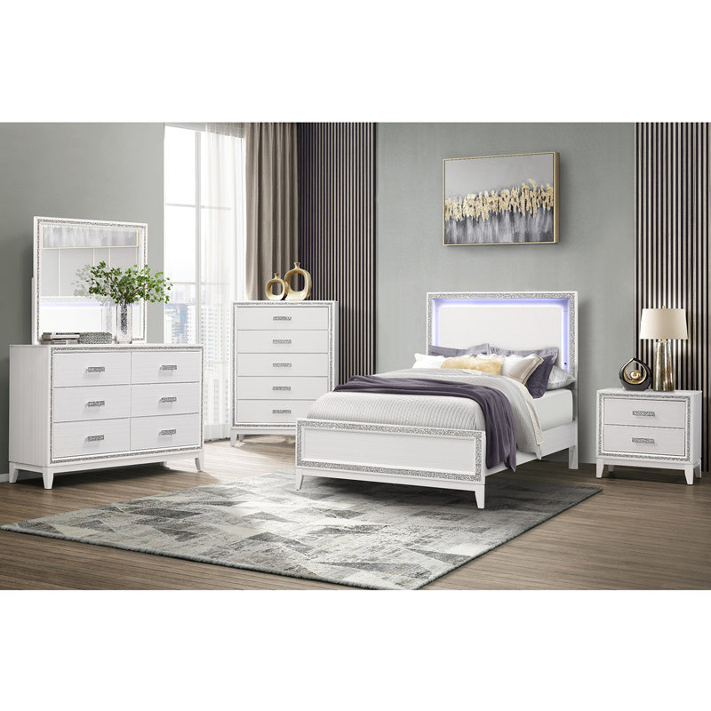 Table de chevet transitionnelle blanche avec 2 options de rangement spacieuses et poignée en cristal éblouissant