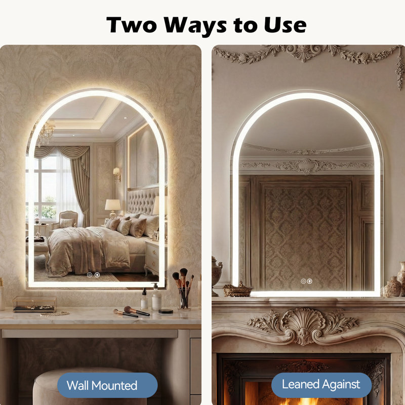 Wall-Mounted Arched Mirror LED Anti-Fog Bathroom Mirror, Adjustable Brightness and Color Temperature Vanity Mirror